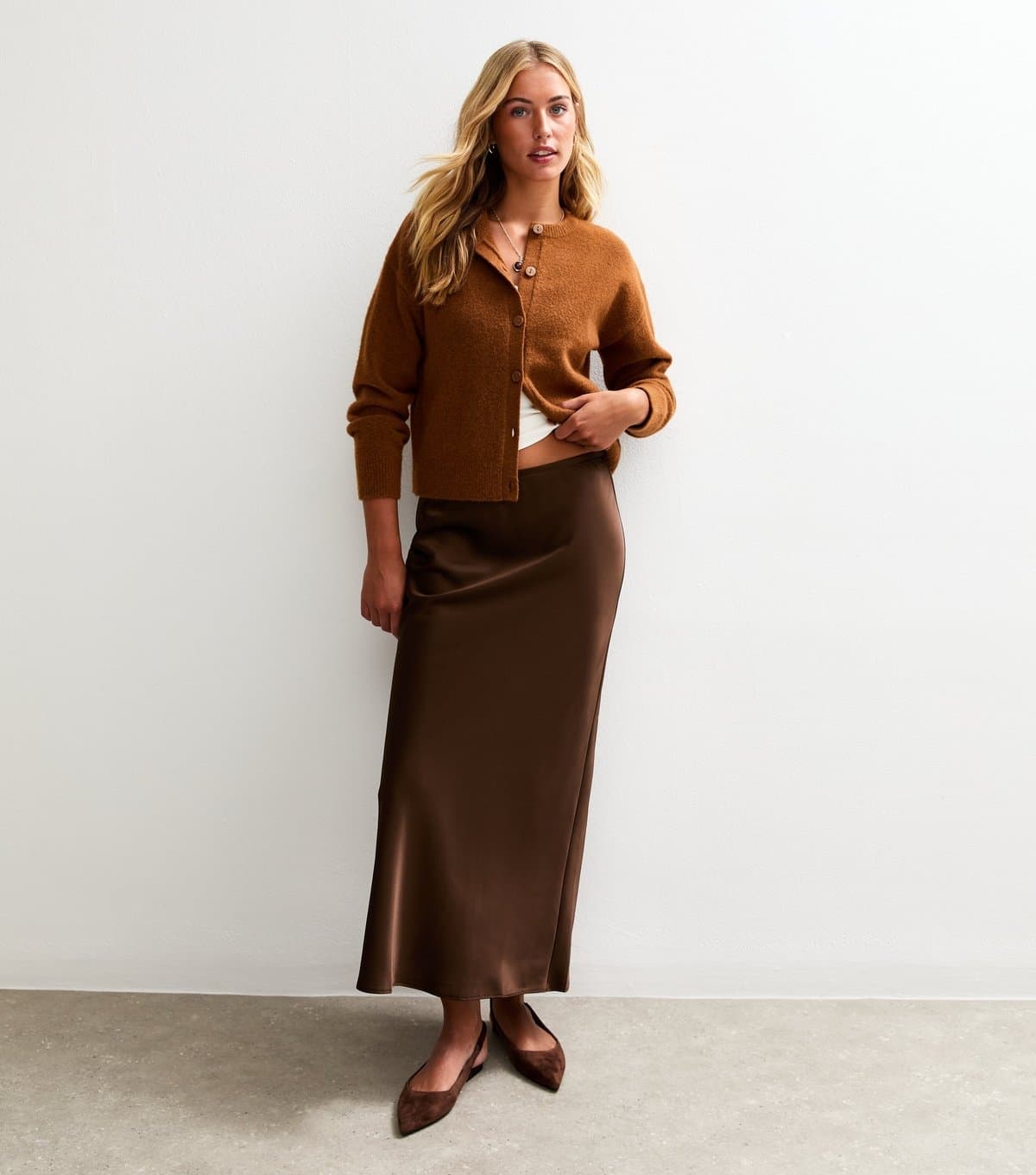 New Look Women's Tall Brown Bias Cut Satin Midi Skirt New Look
