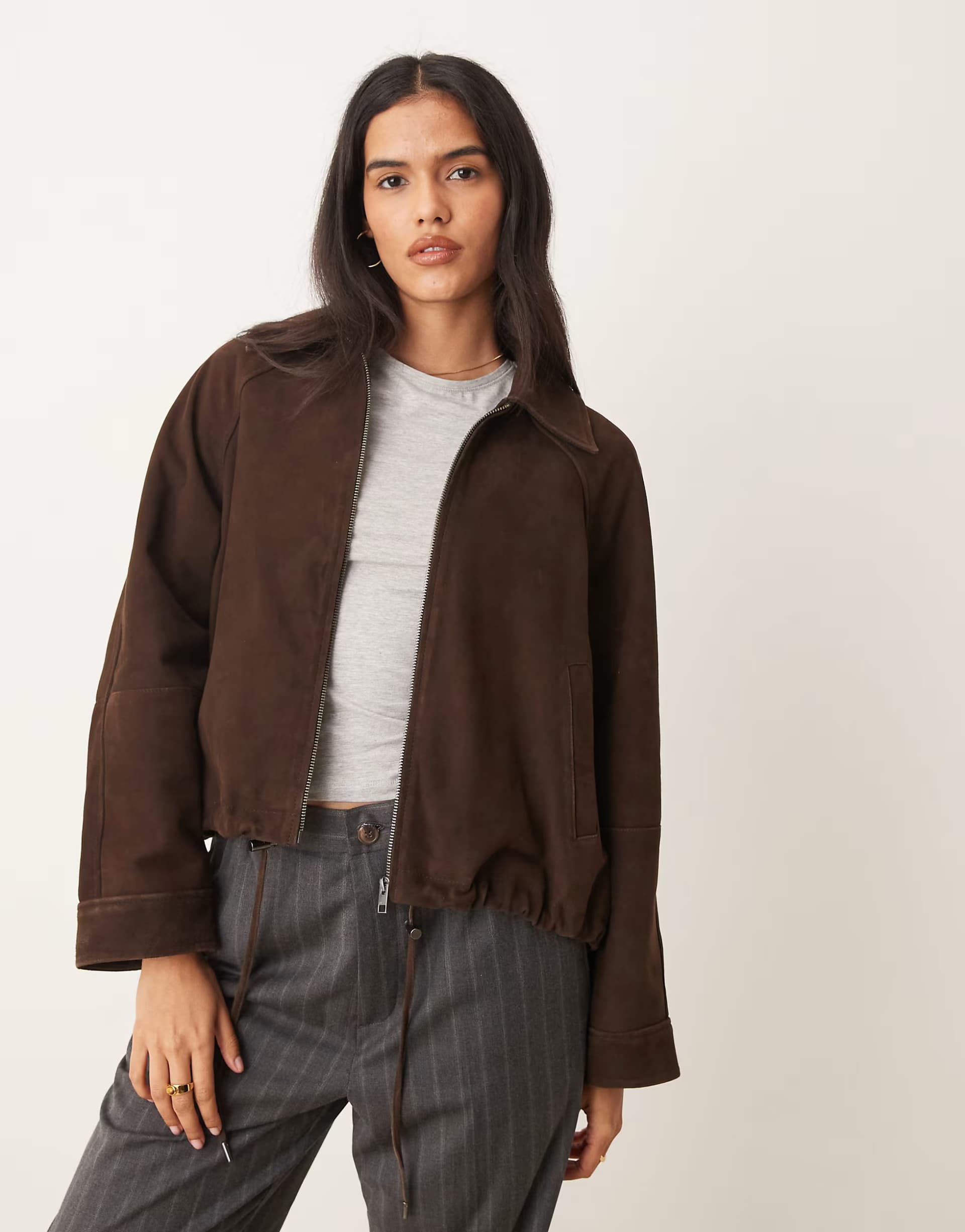 ASOS JJXX suede leather zip jacket in brown