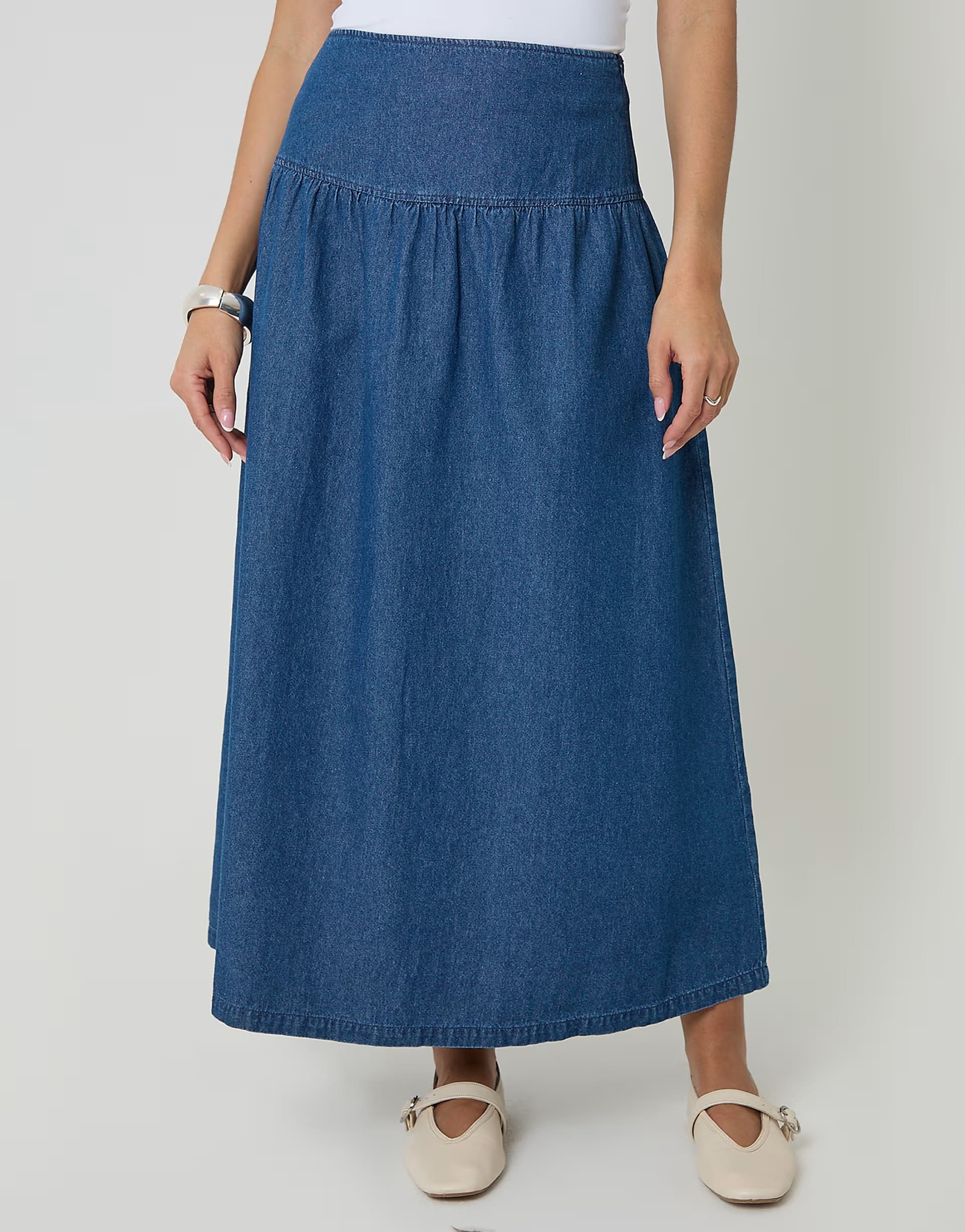 ASOS Threadbare Dropped waist denim maxi skirt in mid blue