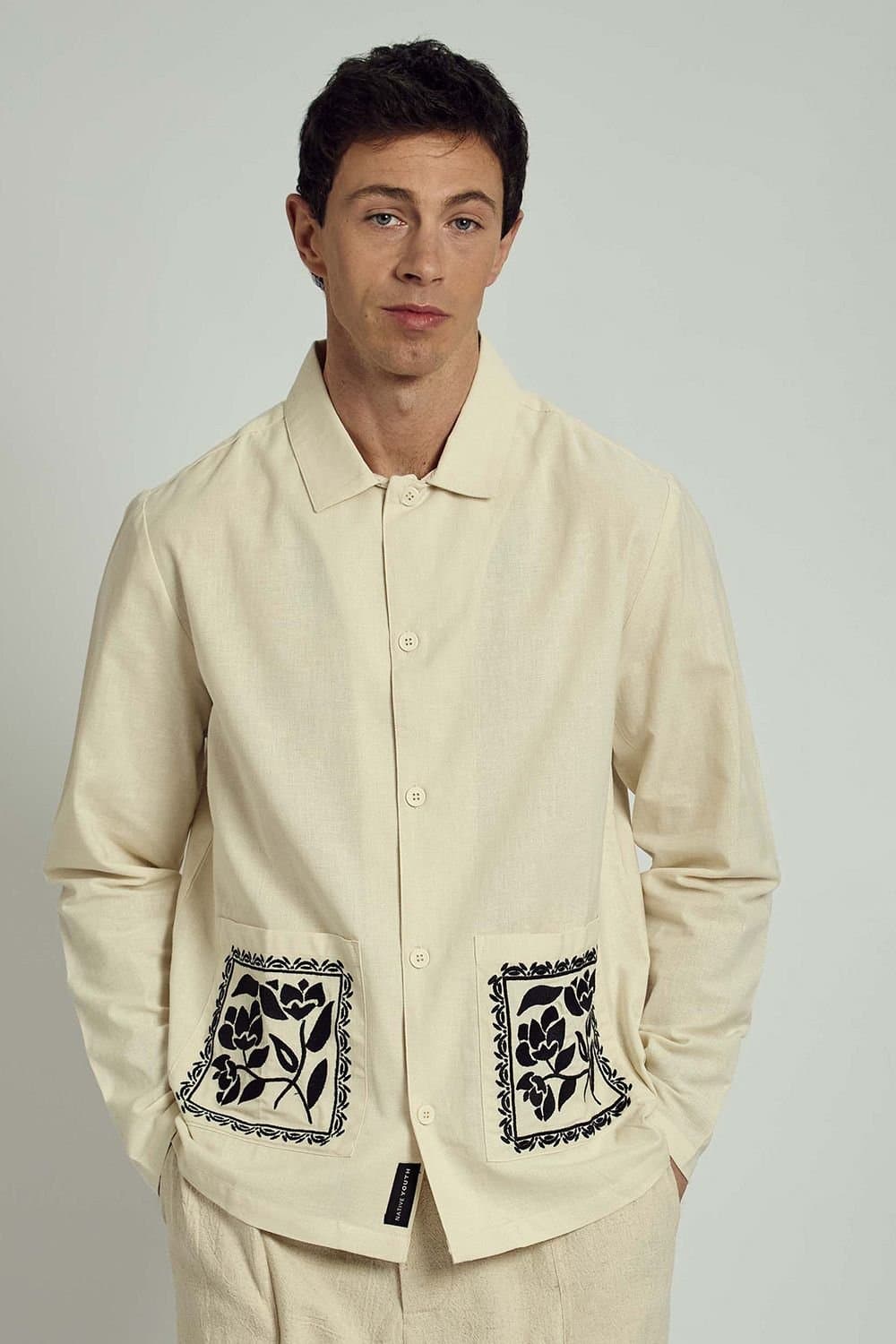 Native Youth Native Youth Men's Long Sleeve Embroidered Cotton Linen Overshirt in Cream