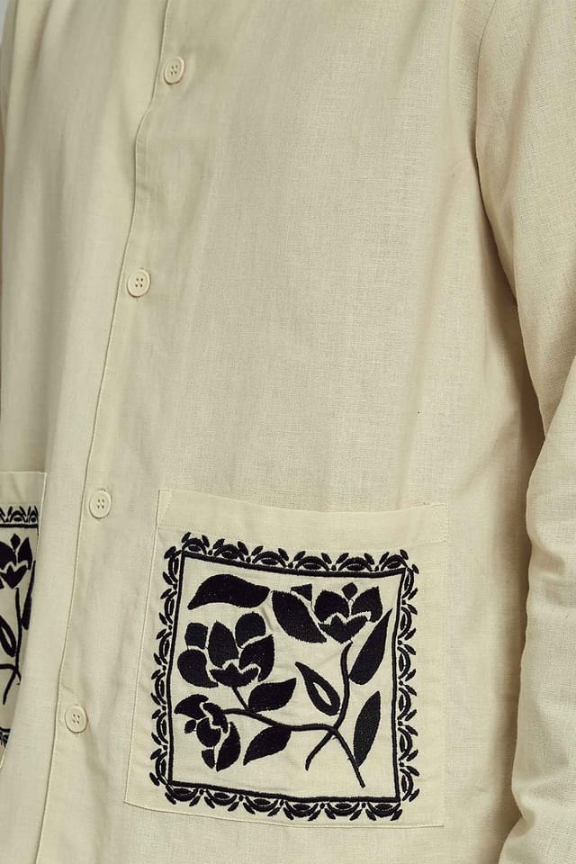 Native Youth Native Youth Men's Long Sleeve Embroidered Cotton Linen Overshirt in Cream - 2