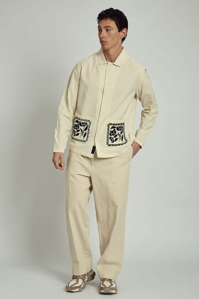 Native Youth Native Youth Men's Long Sleeve Embroidered Cotton Linen Overshirt in Cream - 3