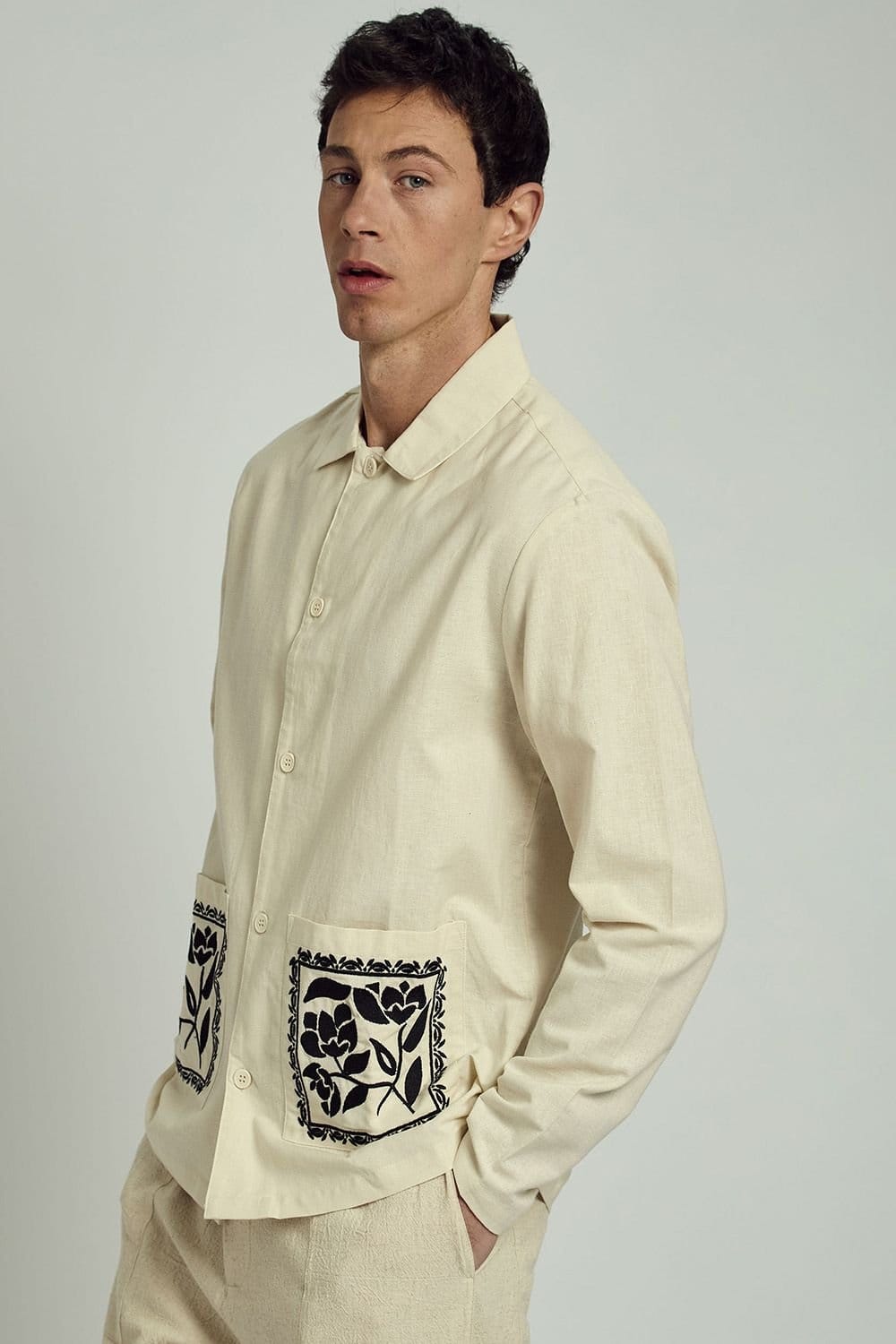 Native Youth Native Youth Men's Long Sleeve Embroidered Cotton Linen Overshirt in Cream - 4