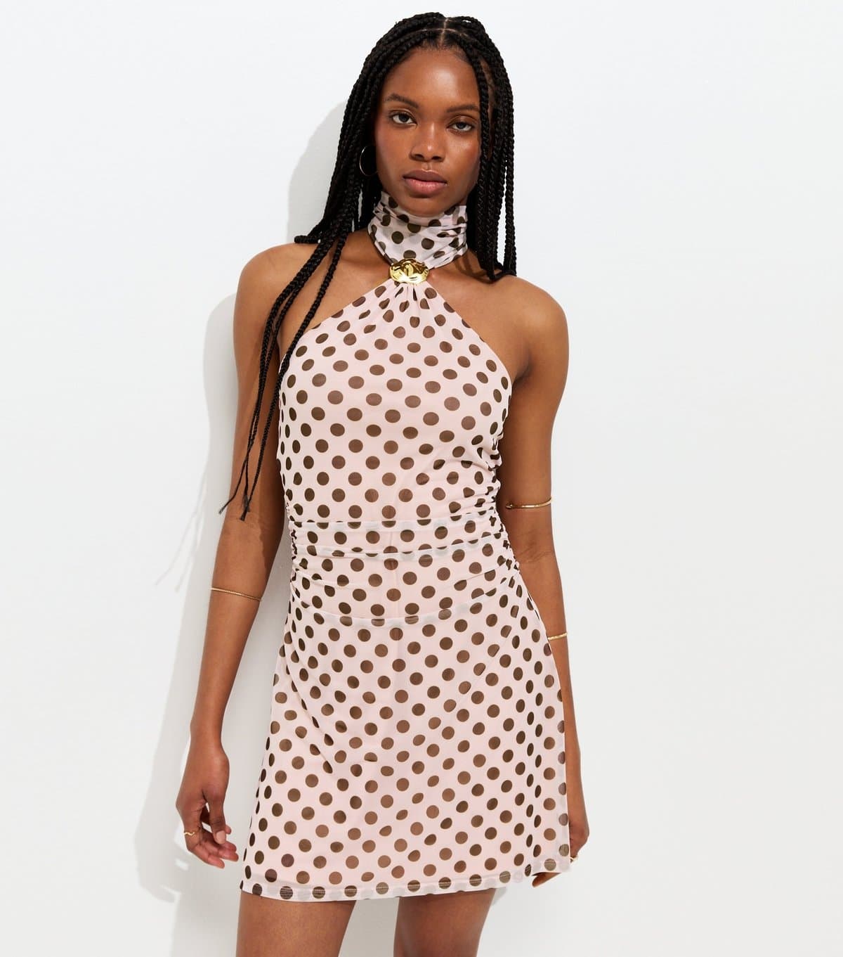 New Look Women's Pink Polka Dot Halter Neck Mesh Mini Dress New Look