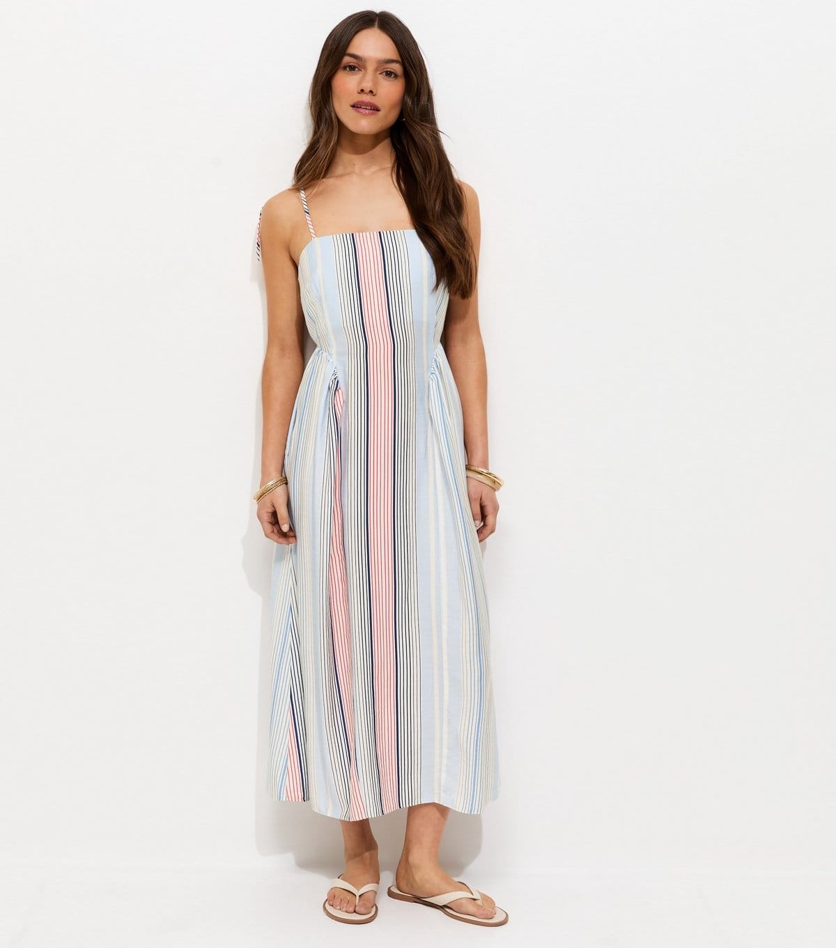 Women's Petite Blue Stripe Print Cami Godet Midi Skirt New Look