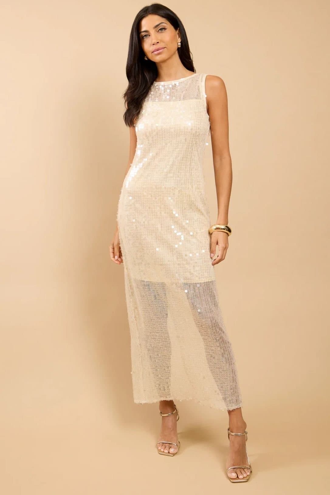 Little Mistress Little Mistress Women's Champagne Sequin Maxi Dress in Cream