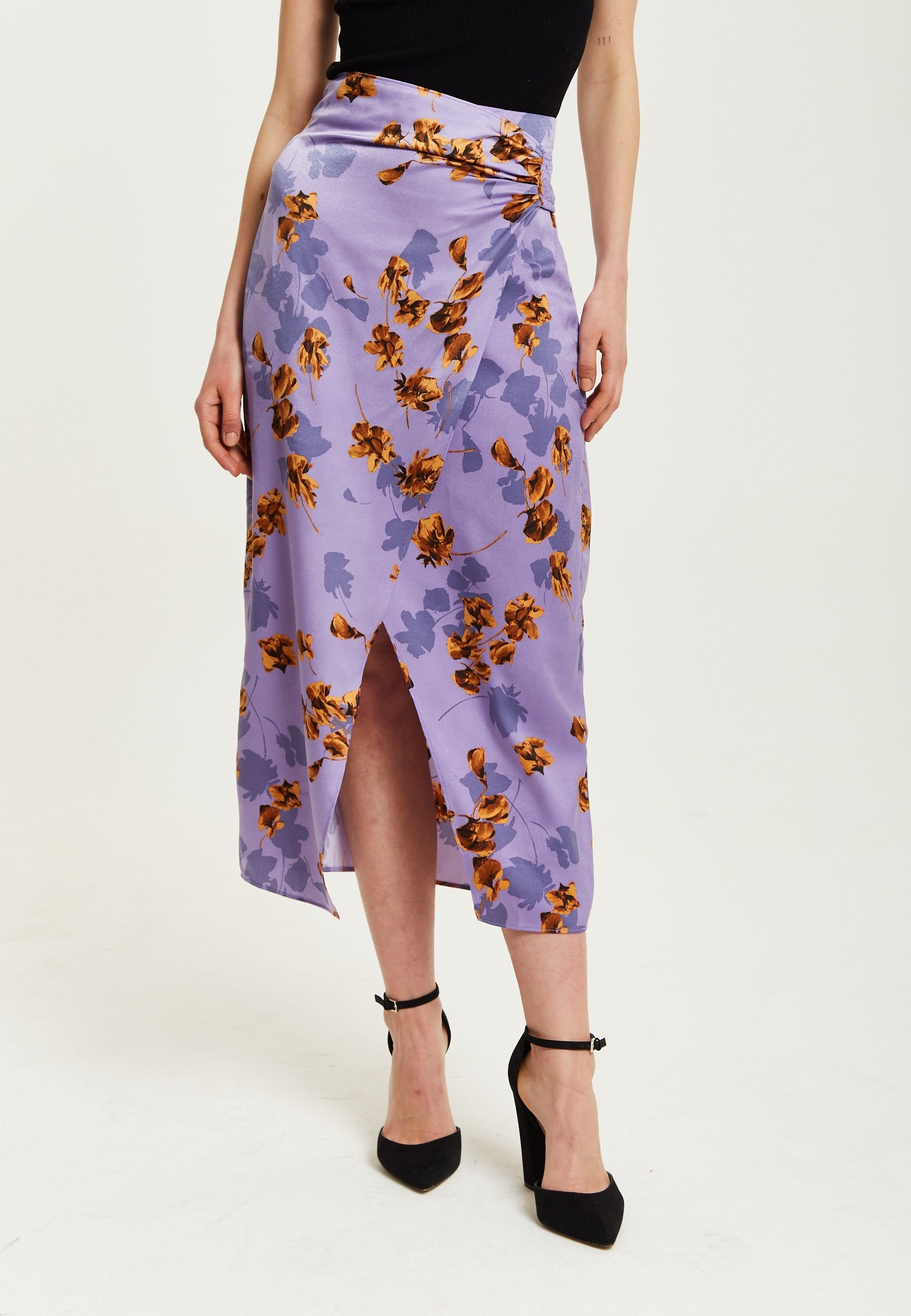 Liquorish Liquorish Women's Purple Floral Midi Skirt With Ruching Detail - 2