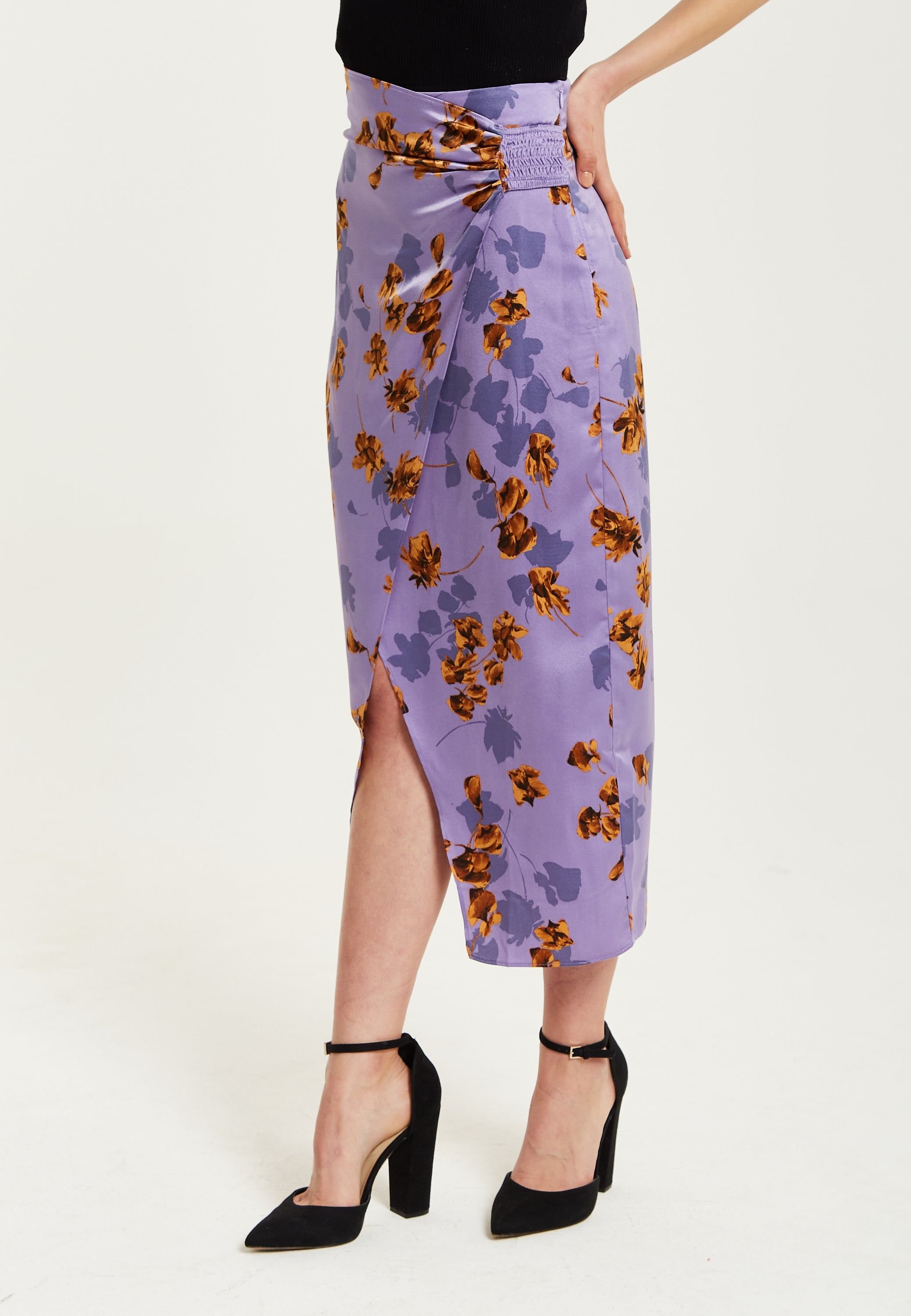 Liquorish Liquorish Women's Purple Floral Midi Skirt With Ruching Detail - 3