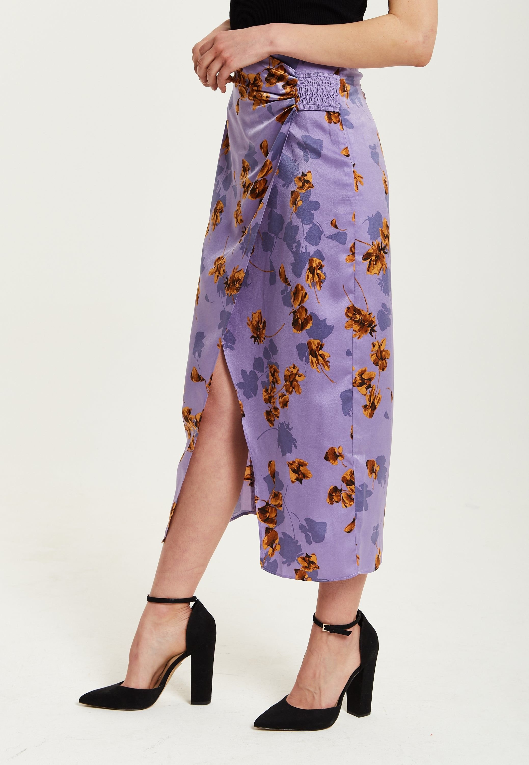 Liquorish Liquorish Women's Purple Floral Midi Skirt With Ruching Detail - 4