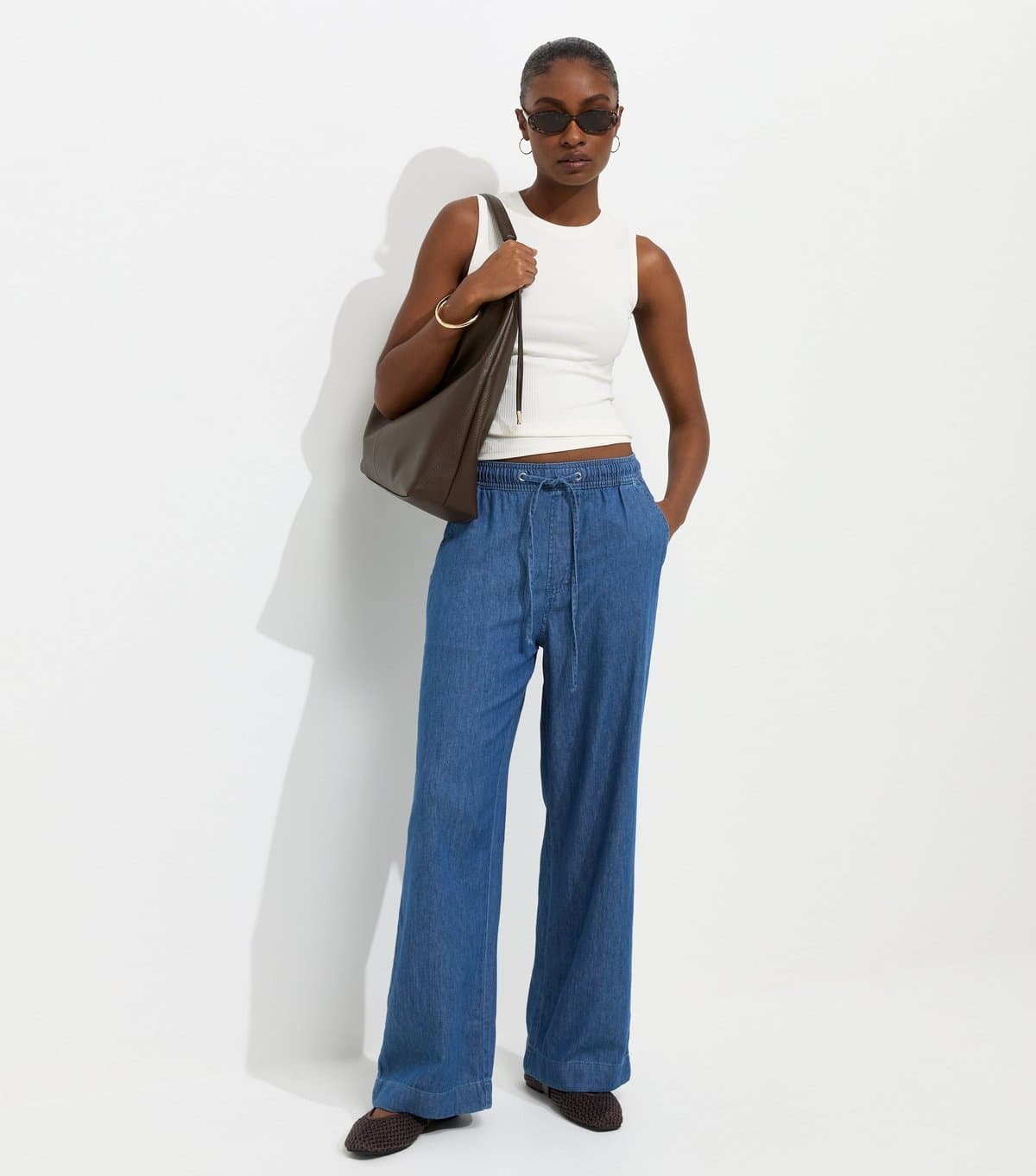 New Look Women's Blue Denim Drawstring Wide Leg Trousers New Look