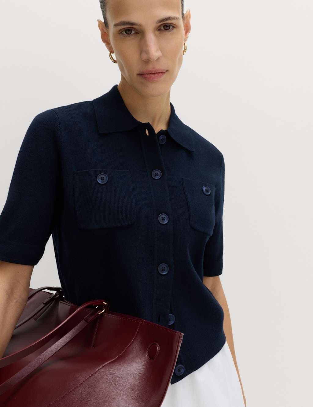 Marks & Spencer M&S Collared Button-Through Cropped Cardigan in Midnight Navy