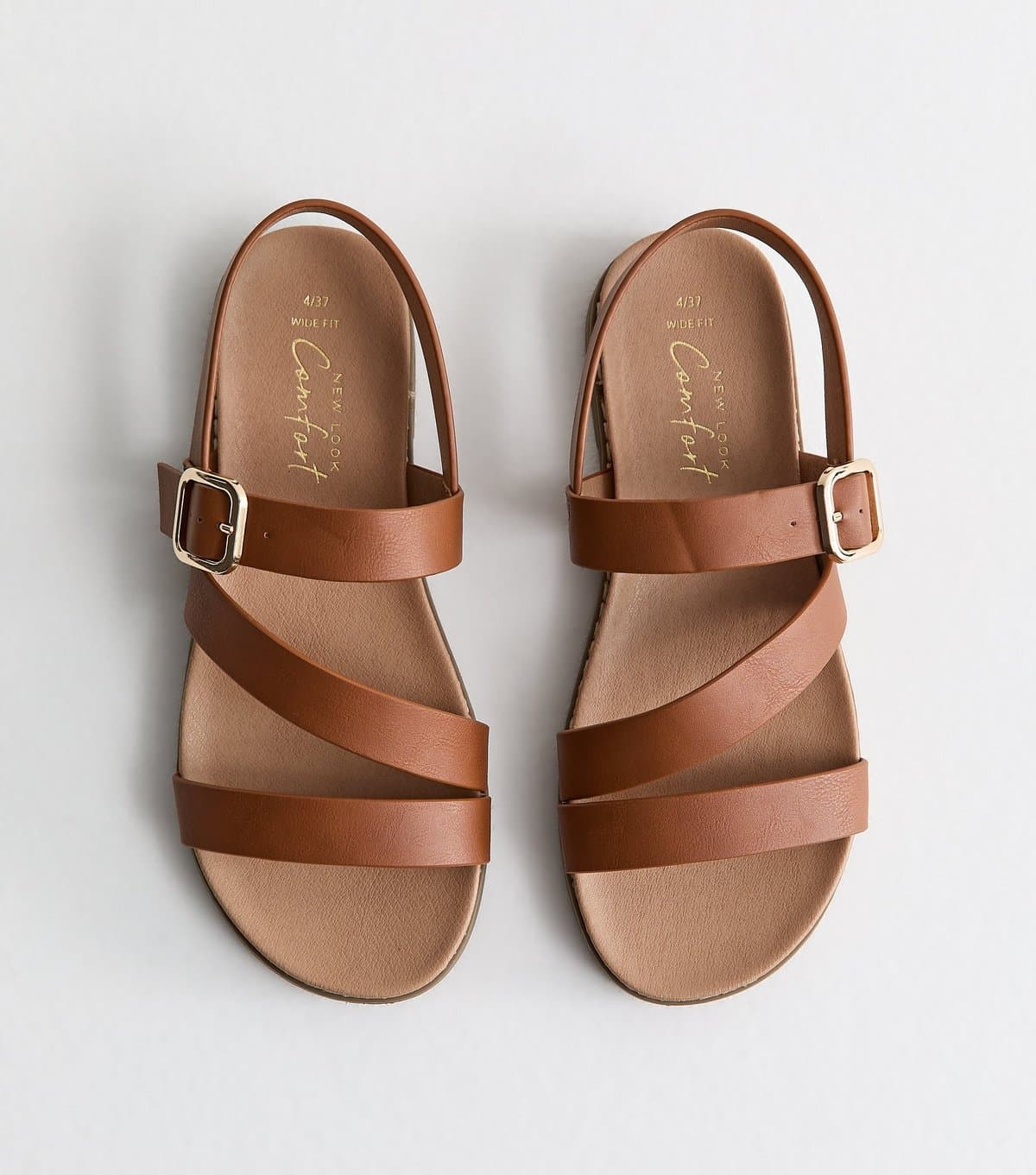 New Look Women's Wide Fit Tan Faux Leather Strappy Flat Sandals Vegan New Look