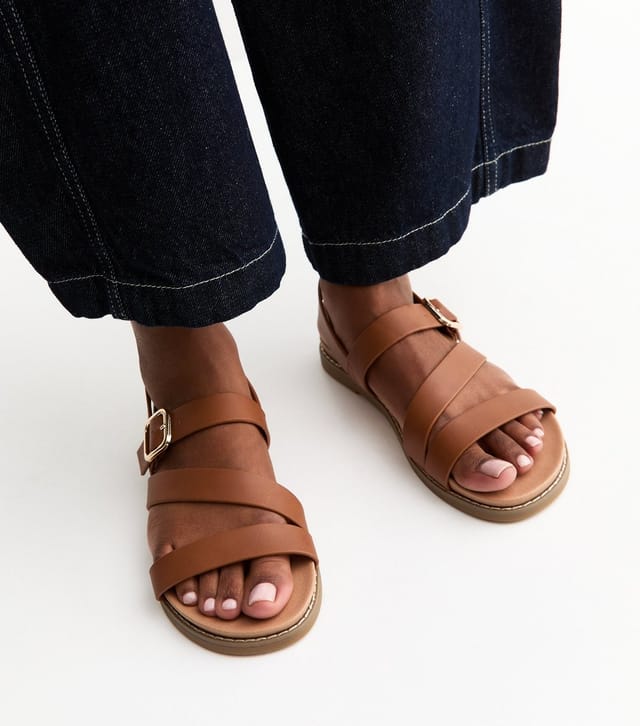 New Look Women's Wide Fit Tan Faux Leather Strappy Flat Sandals Vegan New Look - 2