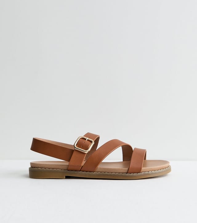 New Look Women's Wide Fit Tan Faux Leather Strappy Flat Sandals Vegan New Look - 3