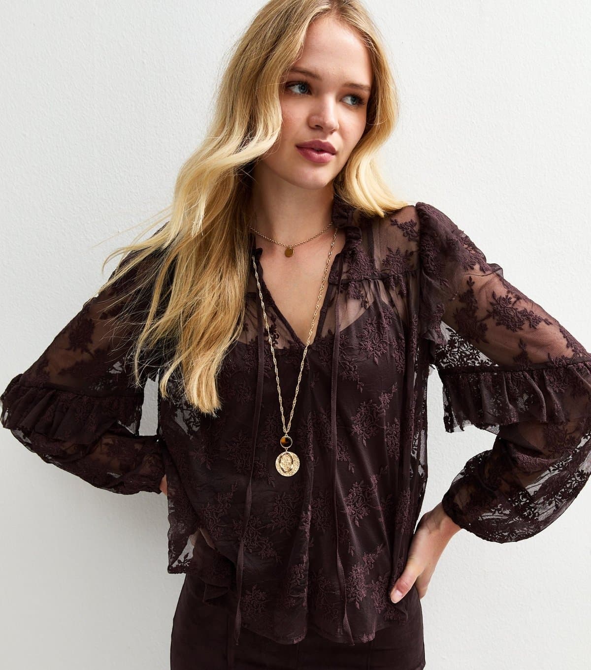 New Look New Look Plum Floral Lace High Neck Blouse