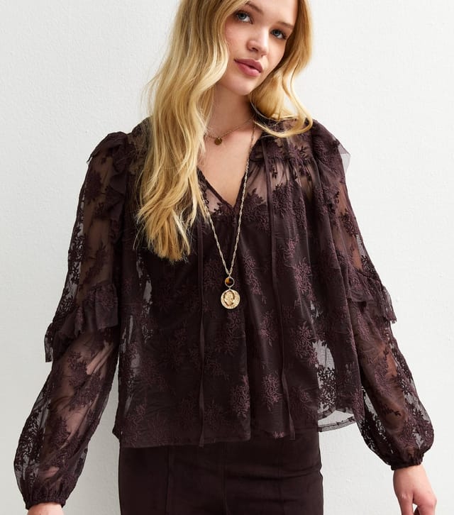 New Look Women's Plum Floral Lace High Neck Semi-Sheer Blouse New Look - 3