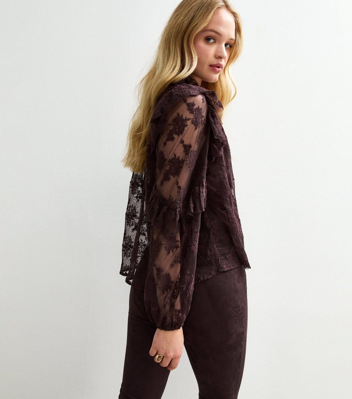 New Look Women's Plum Floral Lace High Neck Semi-Sheer Blouse New Look - 4