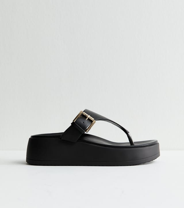 New Look Women's Black Faux Leather Chunky Sole Toe Post Sandals Vegan New Look - 2