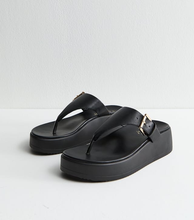 New Look Women's Black Faux Leather Chunky Sole Toe Post Sandals Vegan New Look - 3