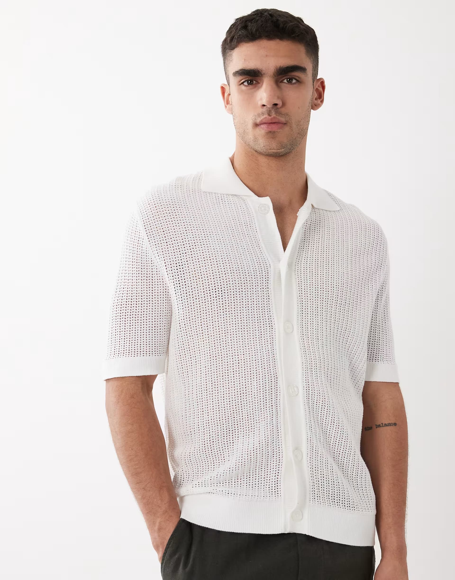 ASOS Selected textured knitted short sleeve shirt in white