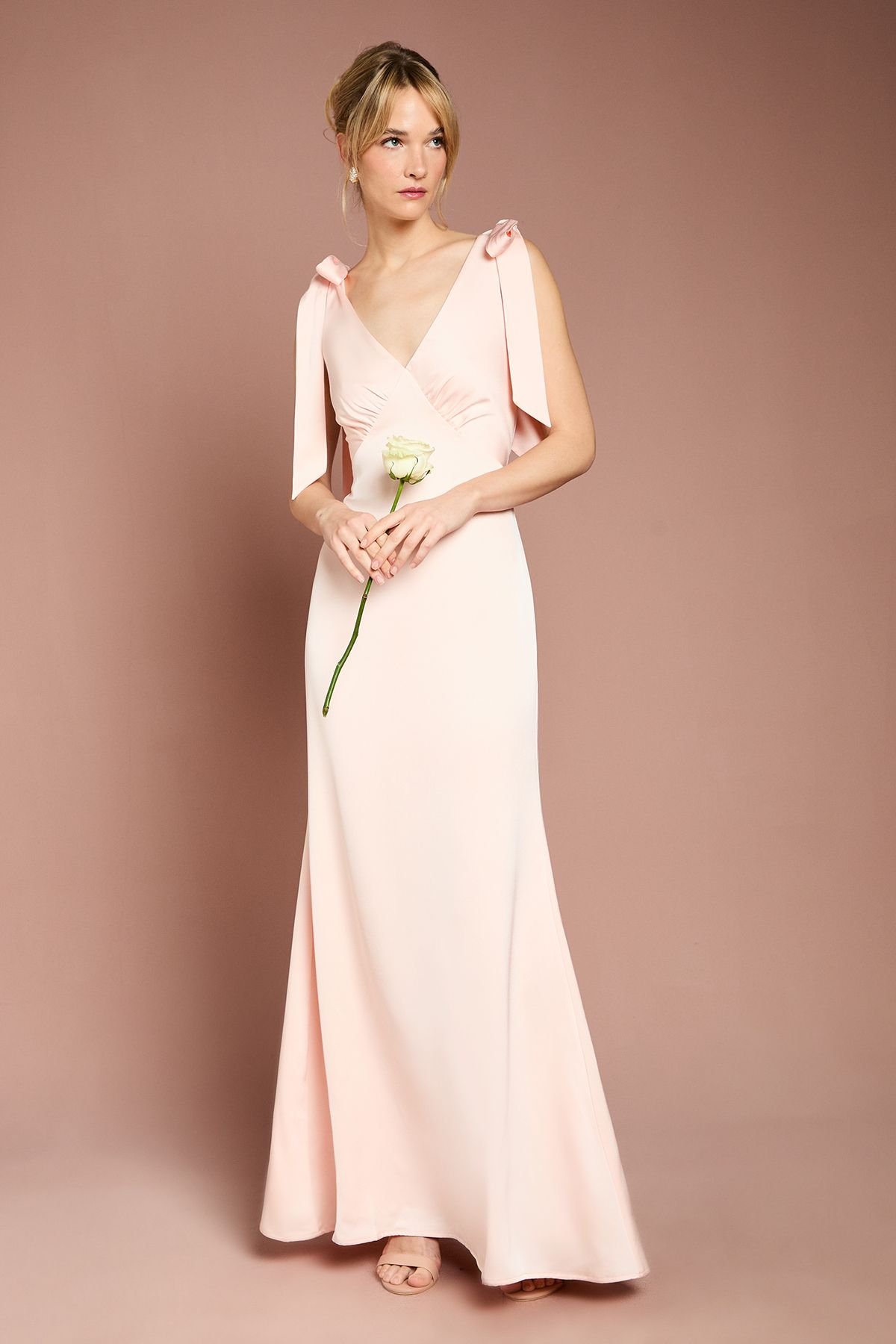 Coast Coast Women's Honoured Satin Back Crepe V Neck Tie Shoulder Maxi Bridesmaid Dress in Blush - 2
