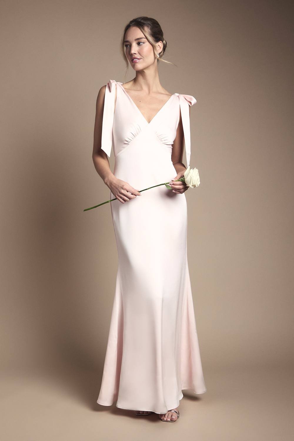 Coast Coast Women's Honoured Satin Back Crepe V Neck Tie Shoulder Maxi Bridesmaid Dress in Blush - 4