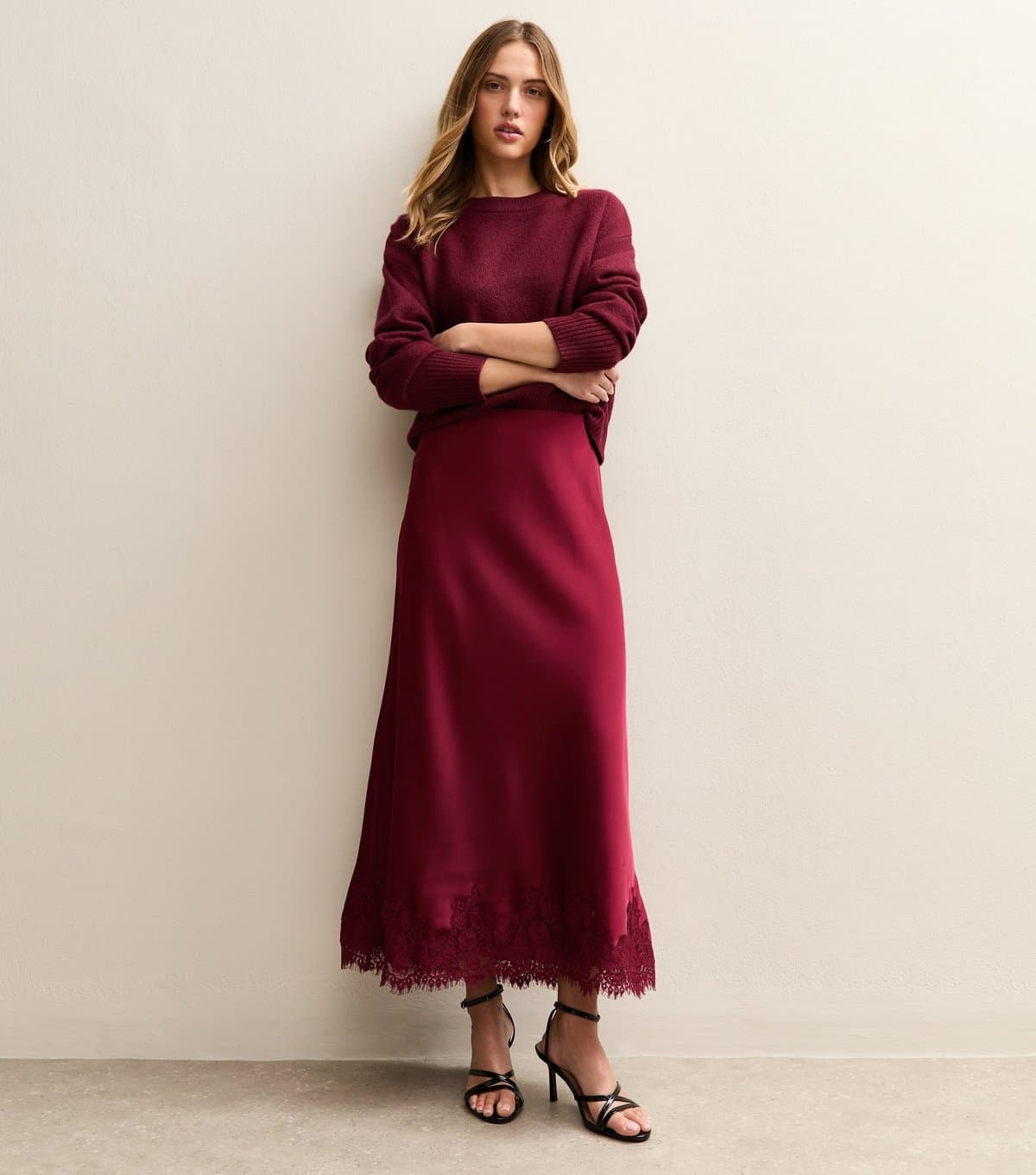 Gini London Women's Light Burgundy Contrast Lace Trim Satin Midaxi Skirt Gini London New Look