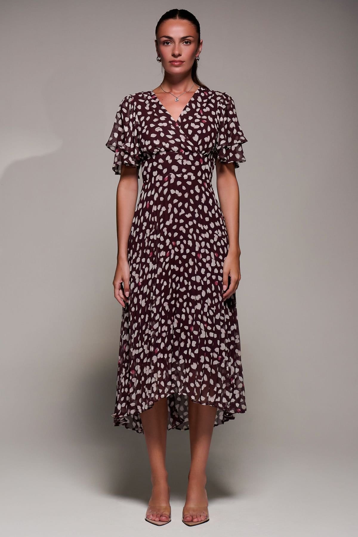 Jolie Moi Jolie Moi Women's Angel Sleeve Pleated Chiffon Midi Dress in Purple - 4