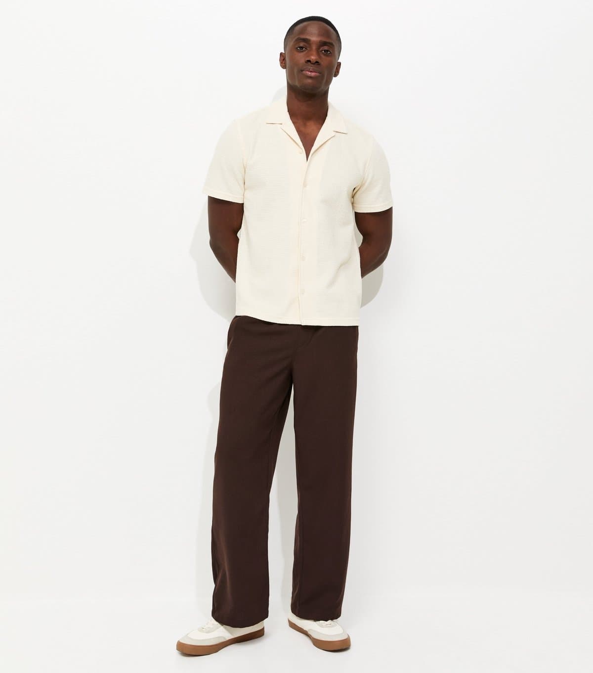 New Look Men's Dark Brown Relaxed Linen Look Wide Leg Trousers New Look