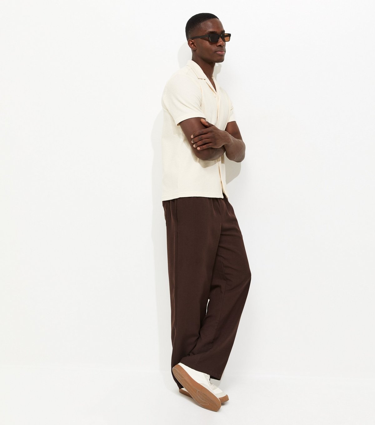 New Look Men's Dark Brown Relaxed Linen Look Wide Leg Trousers New Look - 3