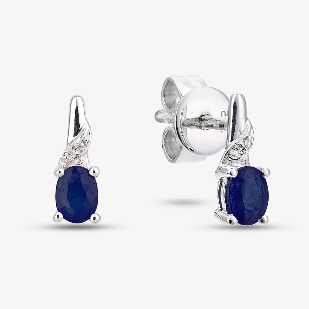 T.H.Baker T.H.Baker Women's 9ct White Gold Oval Sapphire & Diamond Twist Stud Earrings DE1612WSA in Silver - 4