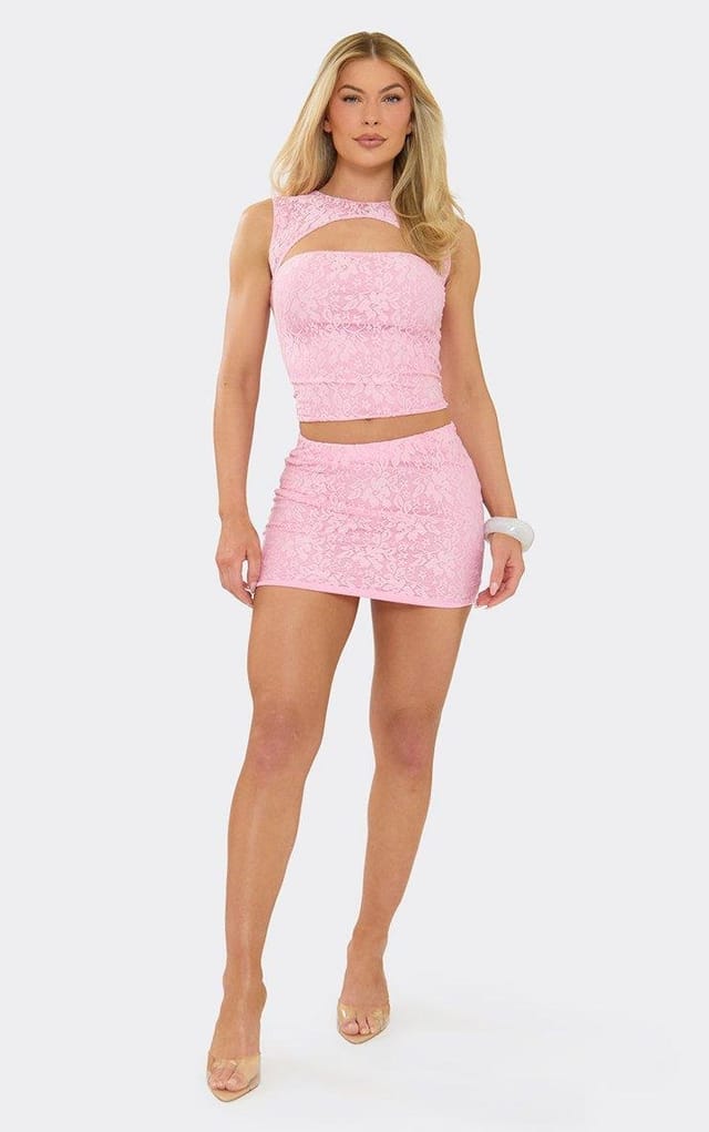 EGO Mid Rise Mini Skirt In Pink Lace, Women's Size UK 6 - 2