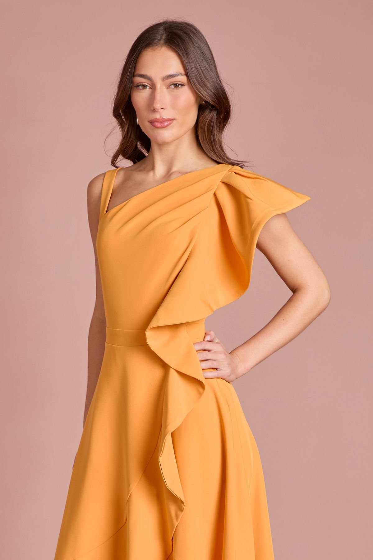 Coast Coast Women's One Shoulder Crepe Ruffle Midi Dress in Orange - 4