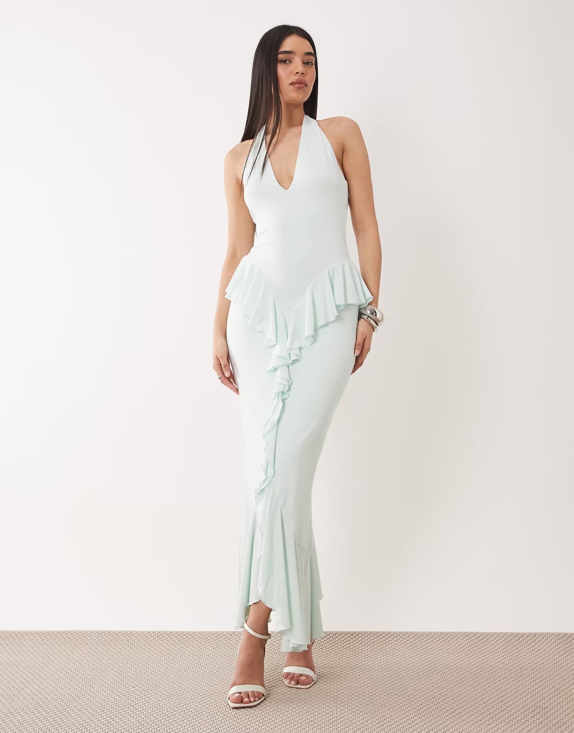 ASOS Ruched & Ready sculpting jersey halterneck open back ruffle drape detail maxi dress in mint