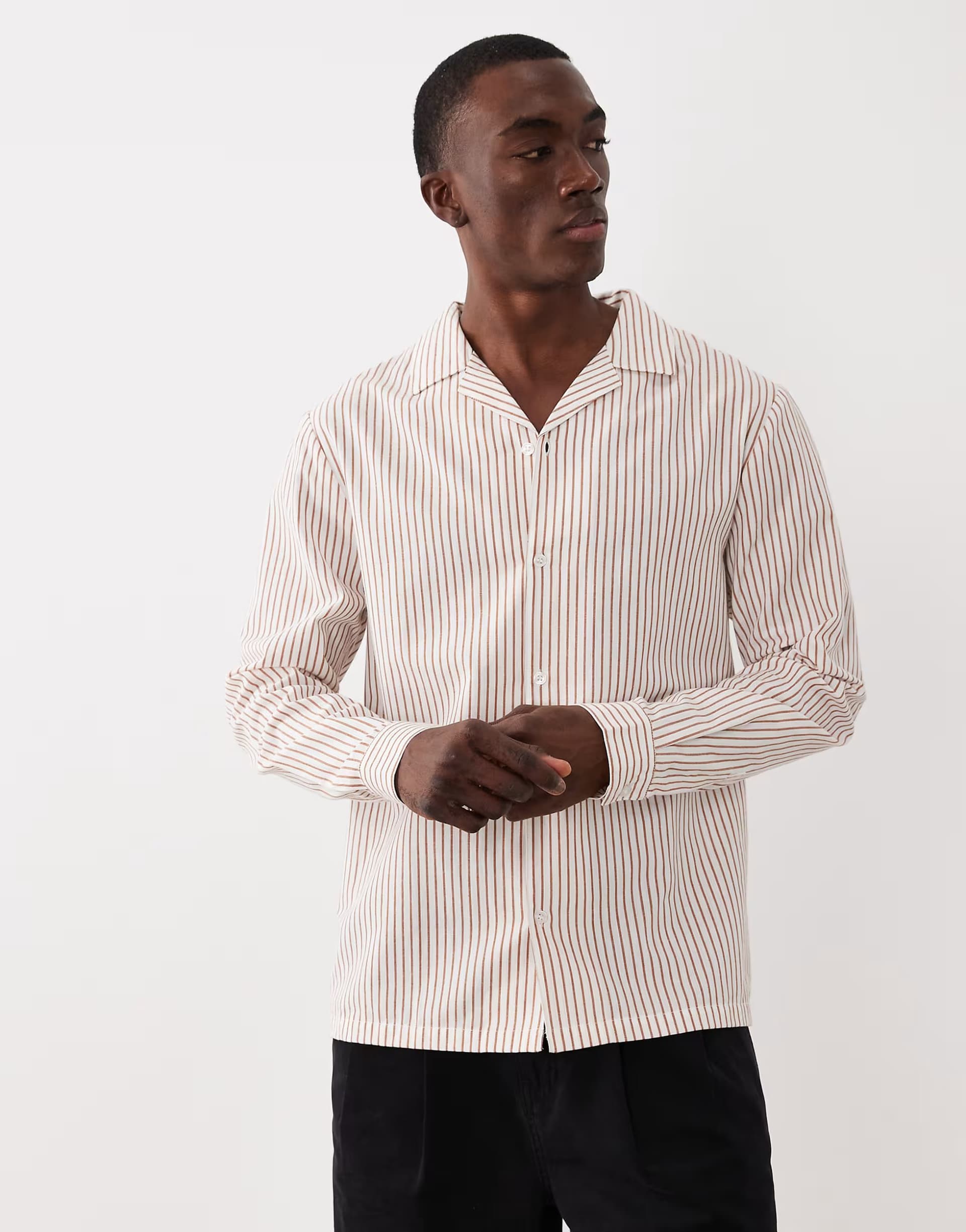 ASOS Aray long sleeve linen look shirt in brown stripe