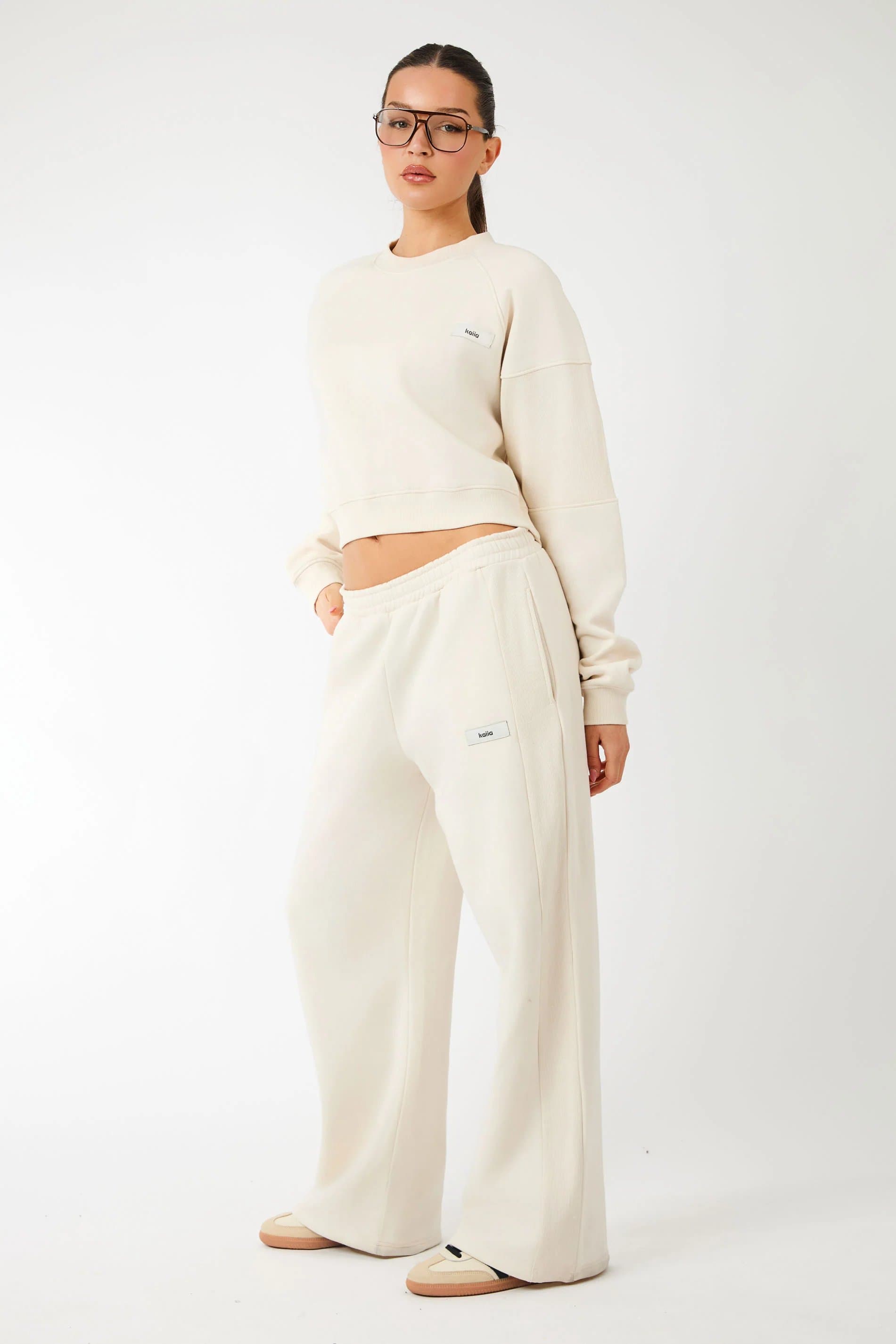 Kaiia Kaiia Label Logo Rib Panel Wide Leg Joggers Cream