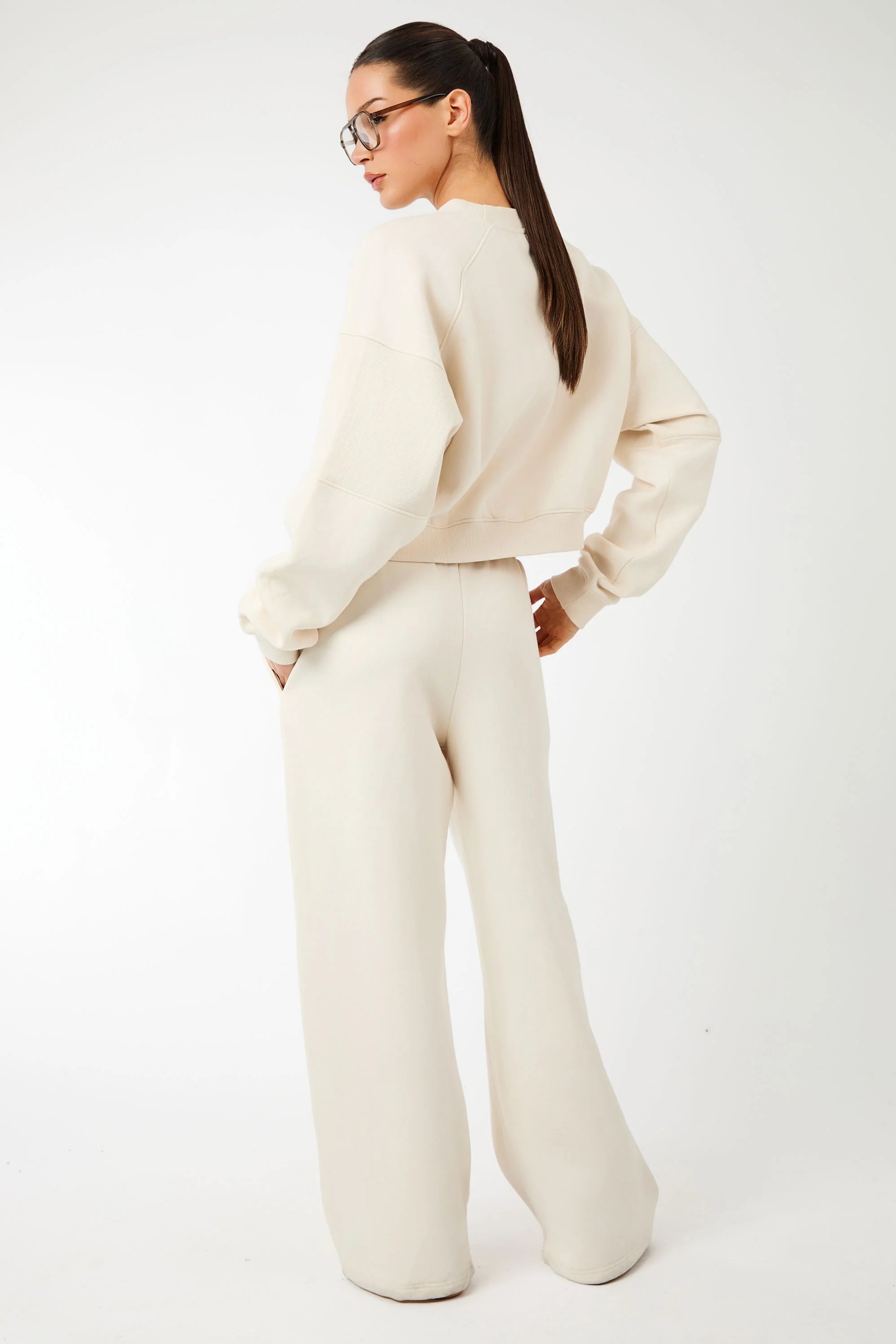 Kaiia Kaiia Label Logo Rib Panel Wide Leg Joggers Cream - 3