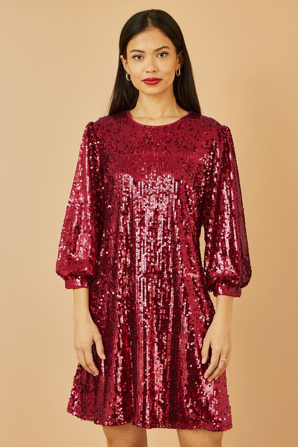 Yumi Yumi Women's Burgundy Sequin Tunic Dress With Balloon Sleeves
