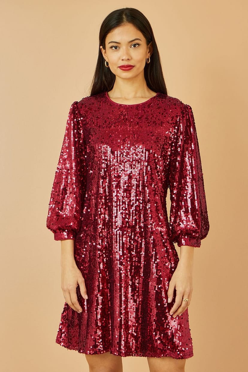 Yumi Yumi Women's Burgundy Sequin Tunic Dress With Balloon Sleeves - 1