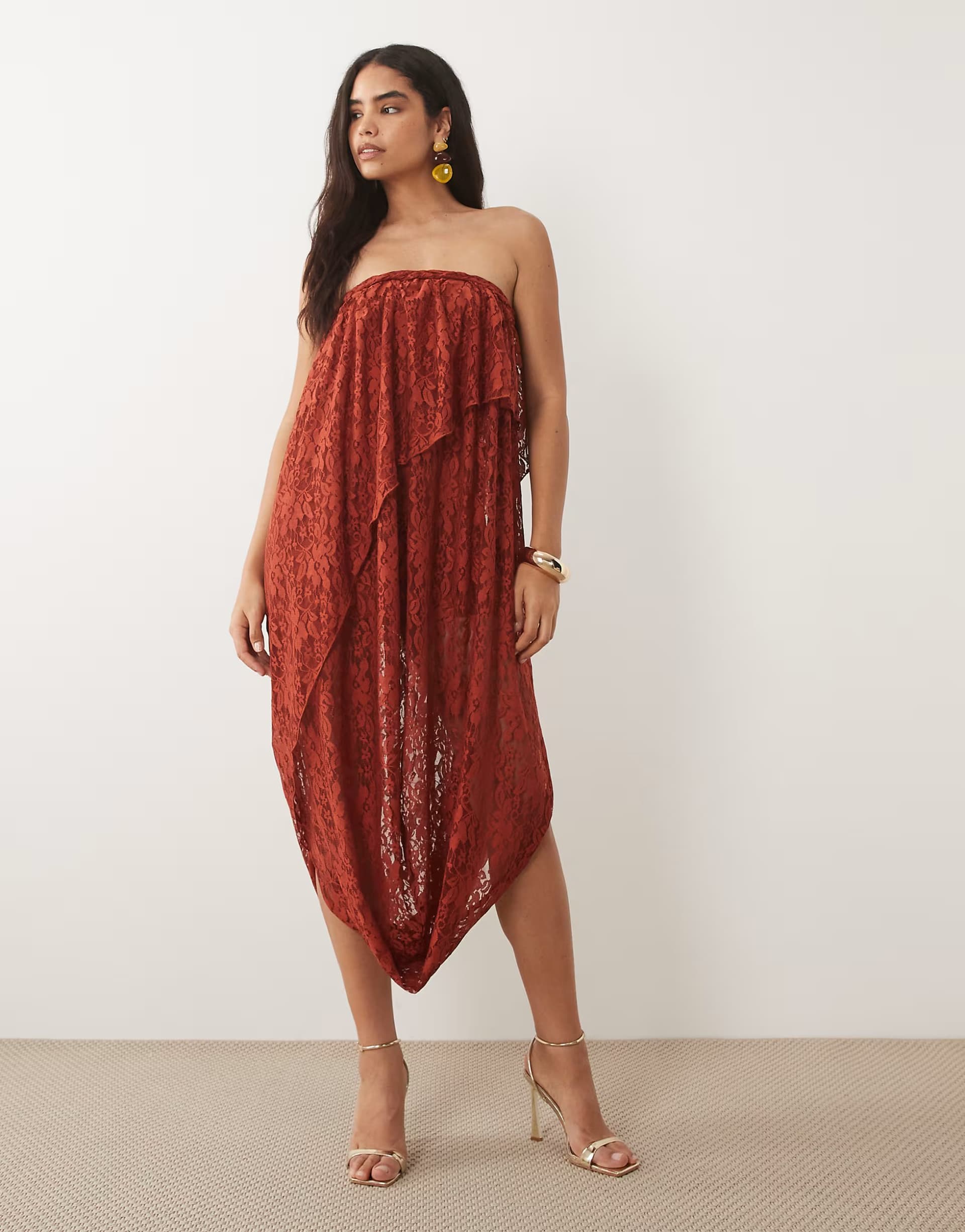 ASOS ASOS DESIGN lace bandeau asymmetric drape midi dress with plait detail in rust