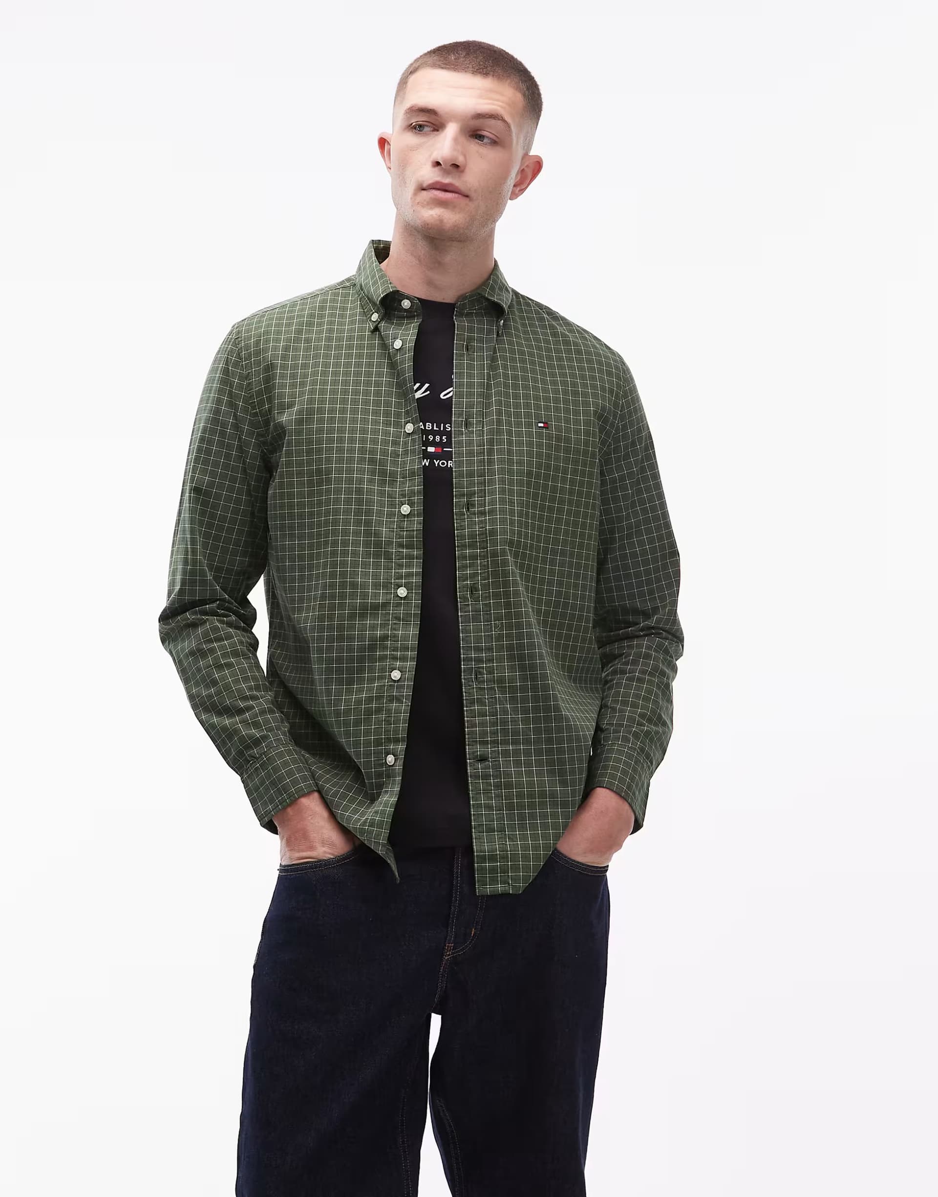 ASOS Tommy Hilfiger core small check poplin shirt in green