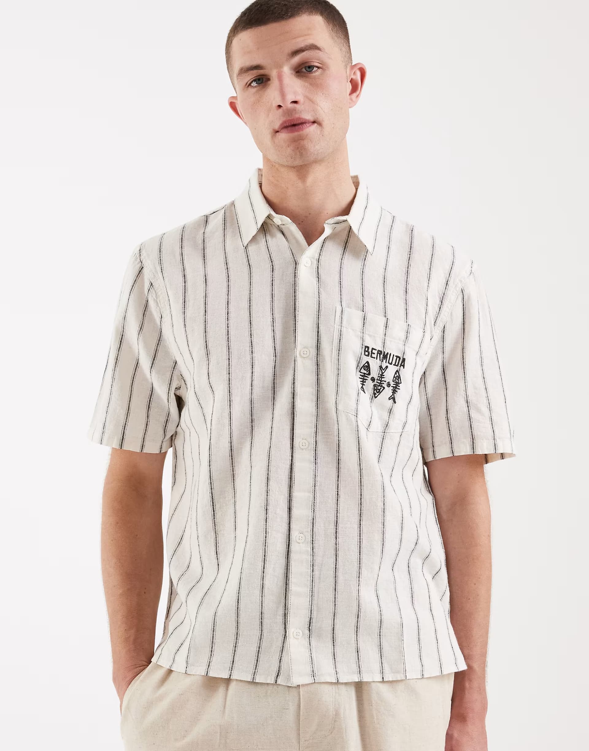 ASOS Hollister linen blend short sleeve shirt with chest graphic in white stripe