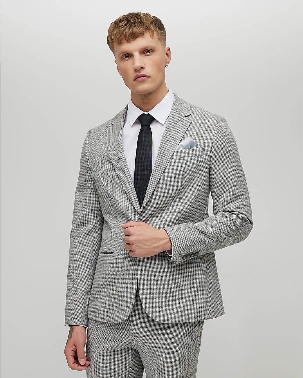 River Island Mens River Island Grey Puppytooth Skinny Fit Suit Jacket