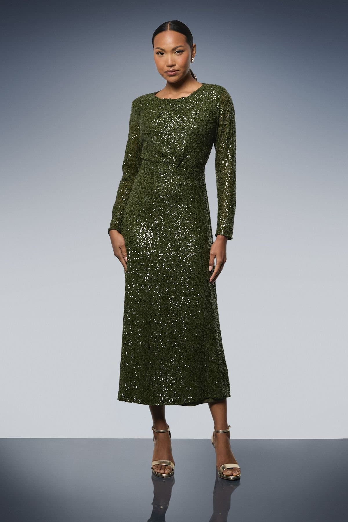 Principles Principles Women's Sequin Gathered Bodice Midaxi Dress in Olive