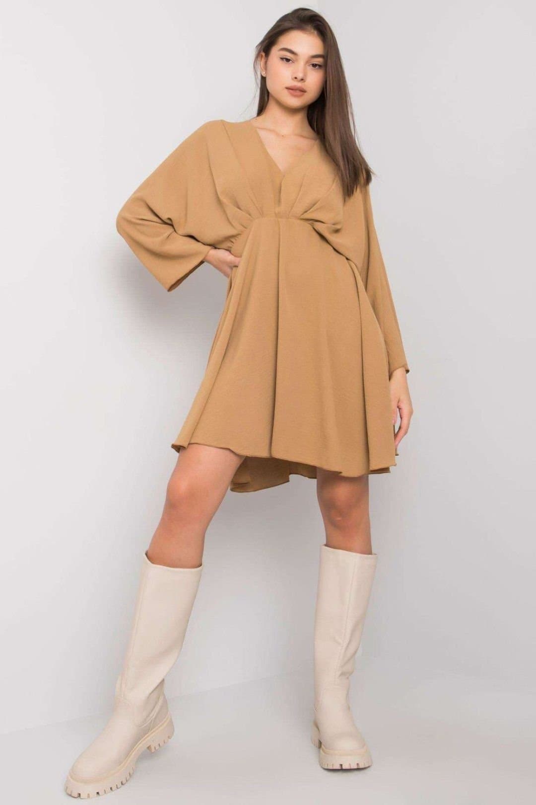 Love Lace Love Lace Women's Triangle Neck Flared Day Dress in Beige