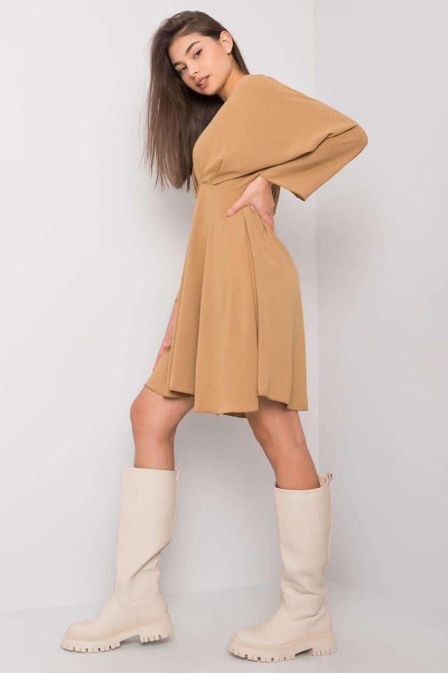Love Lace Love Lace Women's Triangle Neck Flared Day Dress in Beige - 2