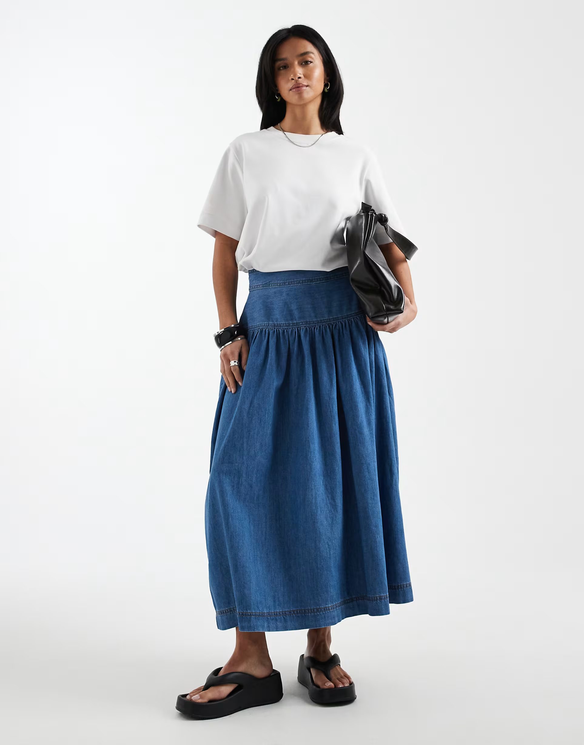 ASOS ONLY Petite dropped waist denim maxi skirt in mid blue - 1