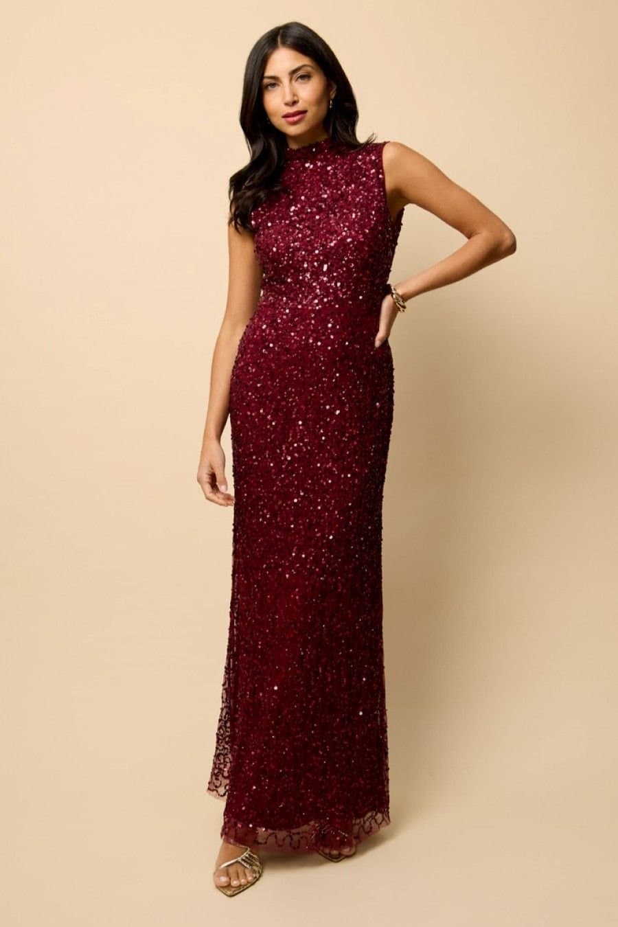 Little Mistress Little Mistress Women's Red High Neck Open Back Embellished Maxi Dress