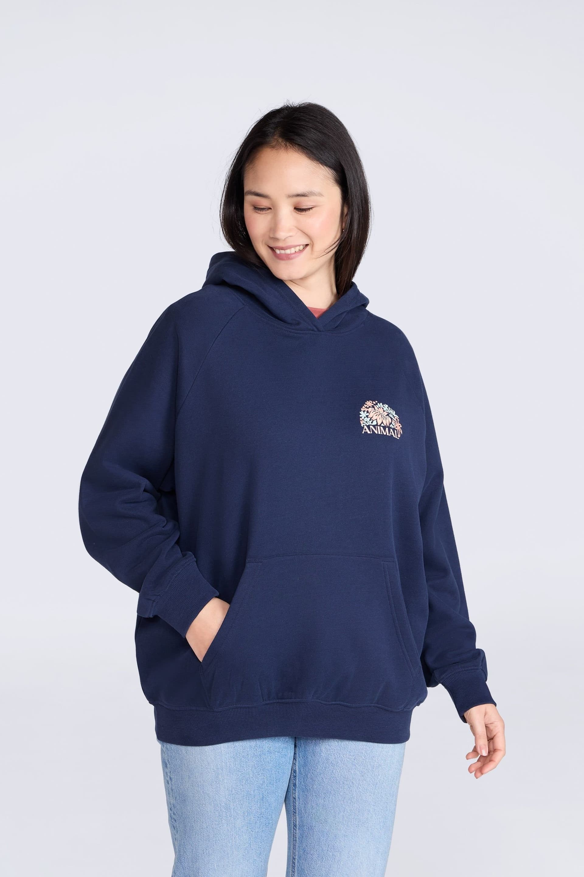 Animal Animal Women's 'Kaya' Graphic Print Cotton Kangaroo Pocket Casual Pullover Hoodie in Indigo