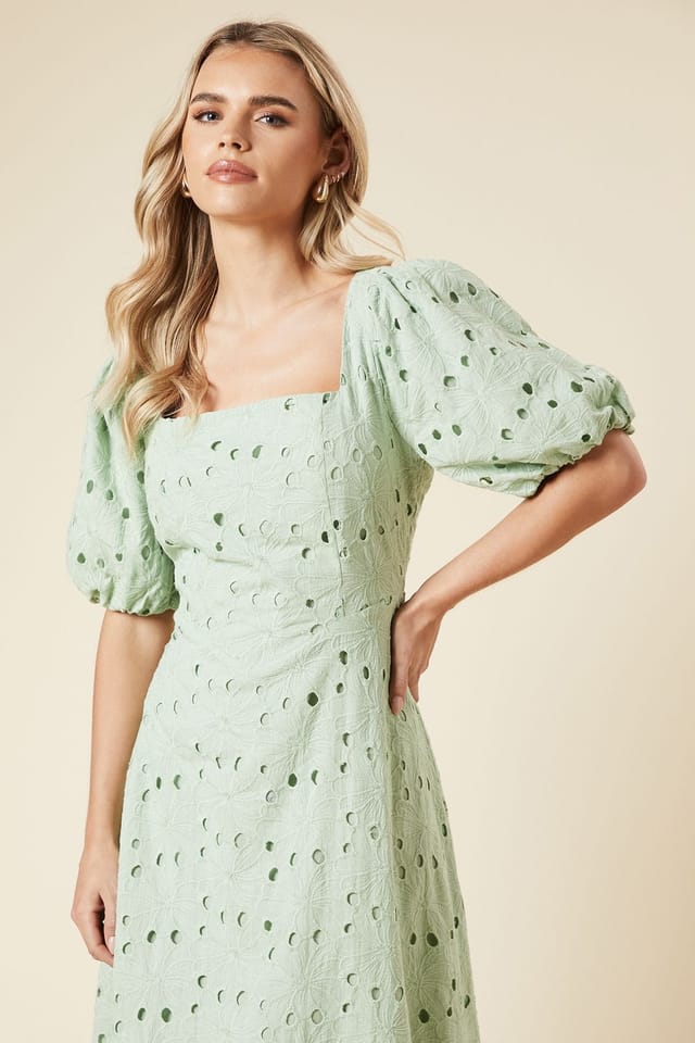Dorothy Perkins Dorothy Perkins Women's Petite DP Luxe Lace Puff Sleeve Midi Dress in Sage - 2